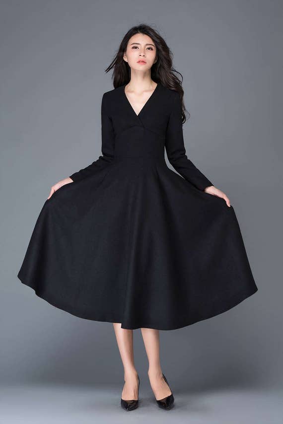 Wool Dress, Woman Dress, Winter Dress, Vintage Dress, Womens Dresses  Formal, Midi Dress, Swing Dress, Black Cocktail Dress, Custom C1027 