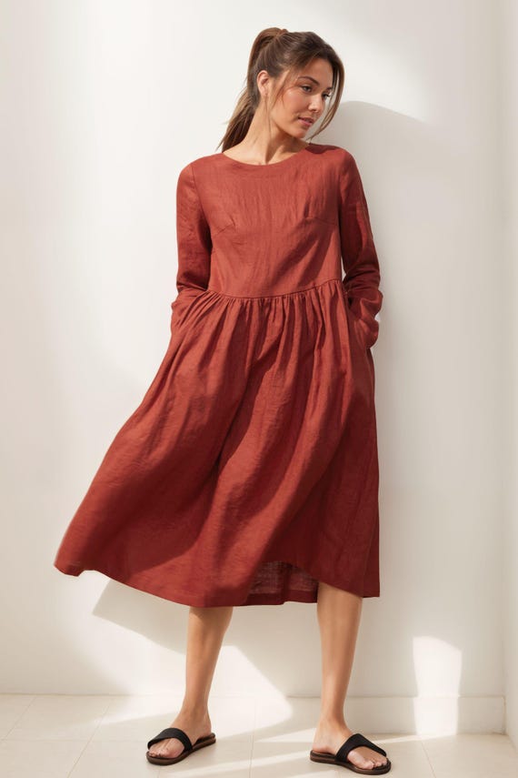 knee length dresses for ladies Rust Satin Puffed Sleeve Ruched Midi Dress – STYLE US main image 1