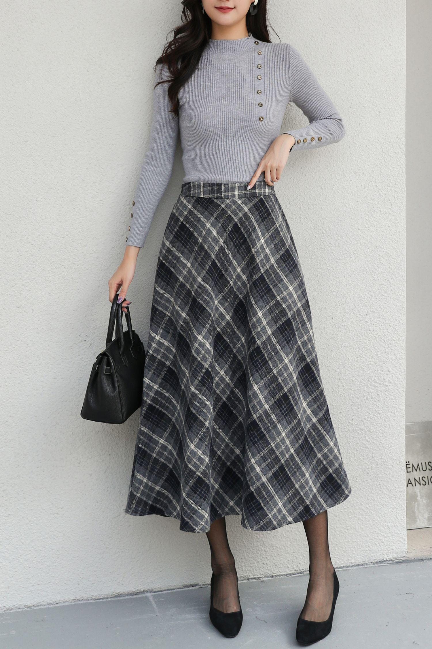 Plaid Wool Midi Skirt: A-line Winter High Waist, Plus Size