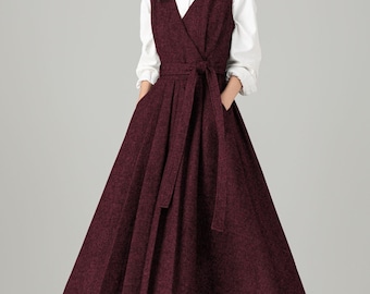 Burgundy Wool Blend Midi Fit and Flare Dress with V-Neck and Belted Mid Waist, Womens Sleeveless warm winter dress, Ylistyle c5645