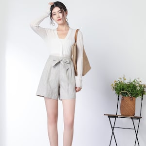 Gray Urban linen shorts, High-waisted linen shorts for women, Summer Belted linen shorts with pocket, Custom shorts, Ylistyle C3322#