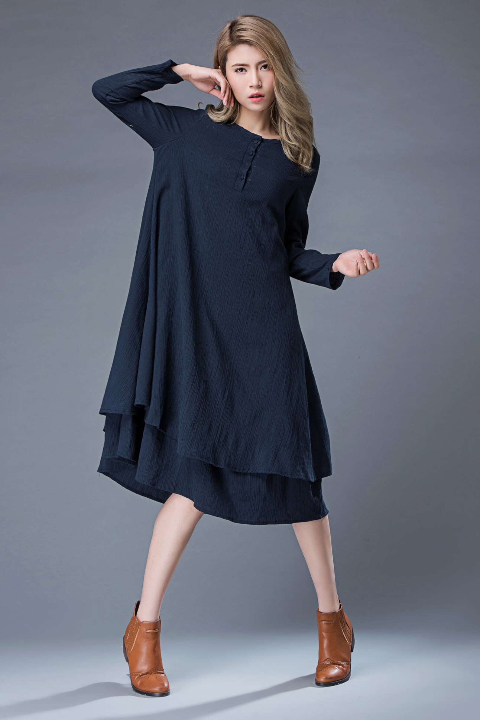 Navy Linen Dress Summer Blue Linen Midi Dress Longsleeved Etsy
