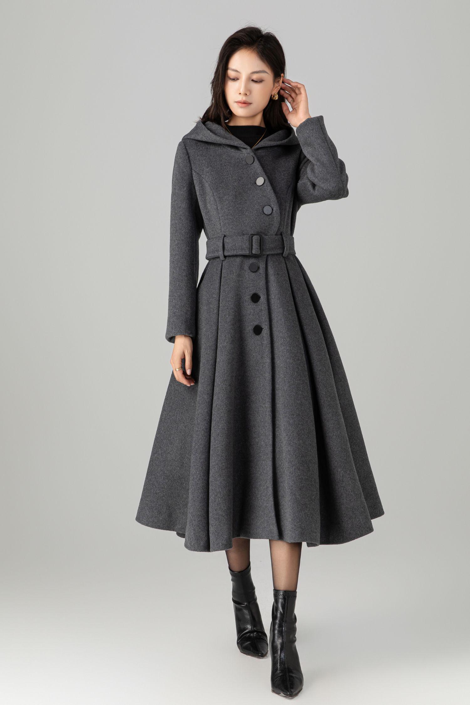 Hooded Wool Swing Coat, Gray Asymmetric Winter Coat, Ylistyle
