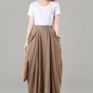 Linen Maxi Skirt, Khaki Asymmetrical Skirt with Pockets, Ylistyle C3272 image 5