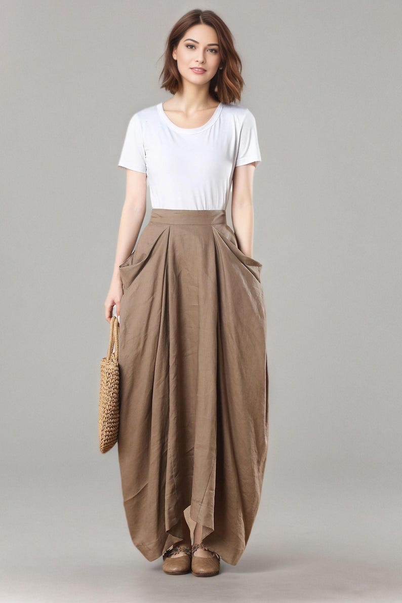 Linen Maxi Skirt, Khaki Asymmetrical Skirt with Pockets, Ylistyle C3272 image 5