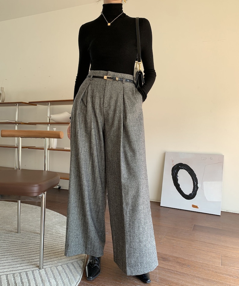 Gray Wool Palazzo Pants, Vintage Inspired Wool Pants, Wide Leg Wool Pants Women, High Waisted Pants, Custom Pants, Winter Wool Pants C3147 image 3