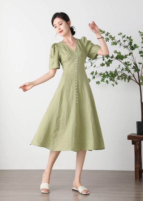 Green Midi Swing Linen Dress 3848 Green Midi Swing Linen Dress 3848
