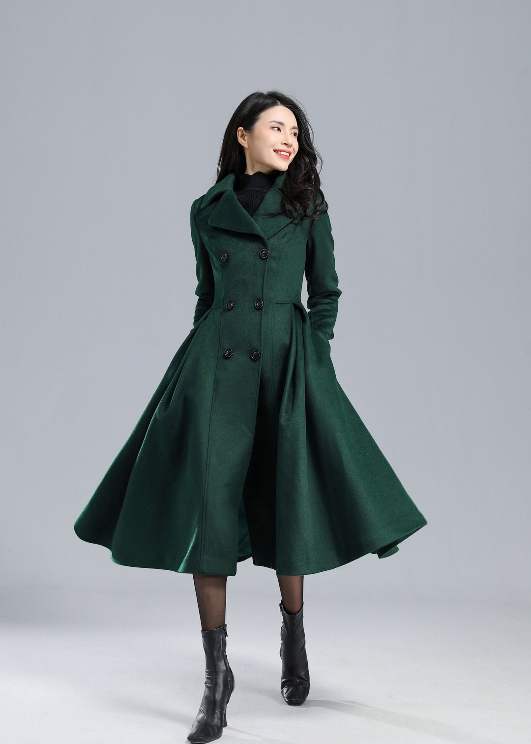 Emerald Green Wool Coat Long Wool Coat Double-breasted Wool Coat Winter Coat  Women Belted Trench Coat A-line Wool Coat Ylistyle C1765 