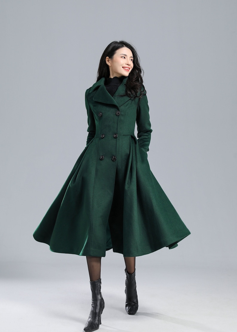 Wool coat, Green Long Wool Coat Women, Princess Coat, Swing Coat, Winter Trench Coat, Fit and Flare Coat, Double Breasted wool Coat C2469 1-green