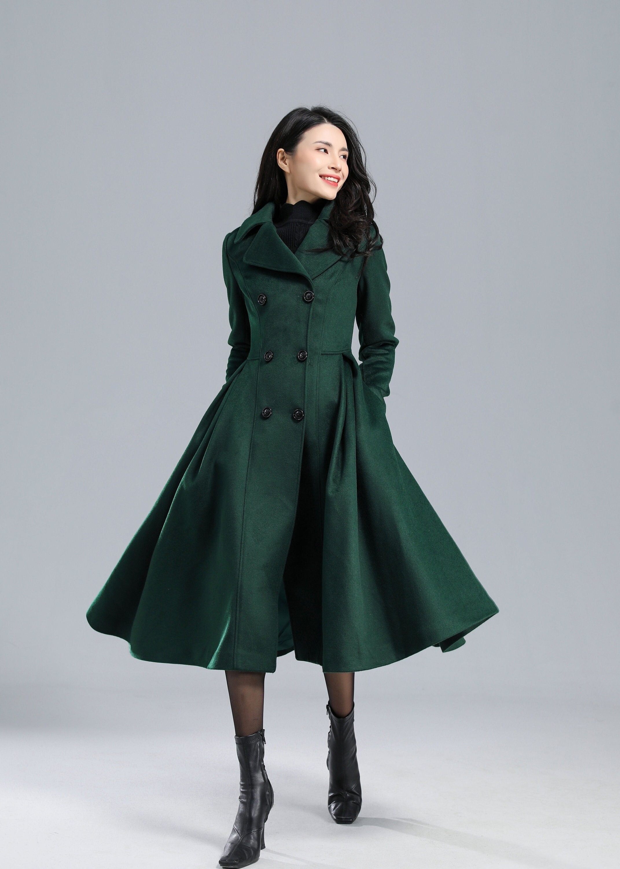 Wool Coat, Green Long Wool Coat Women, Princess Coat, Swing Coat