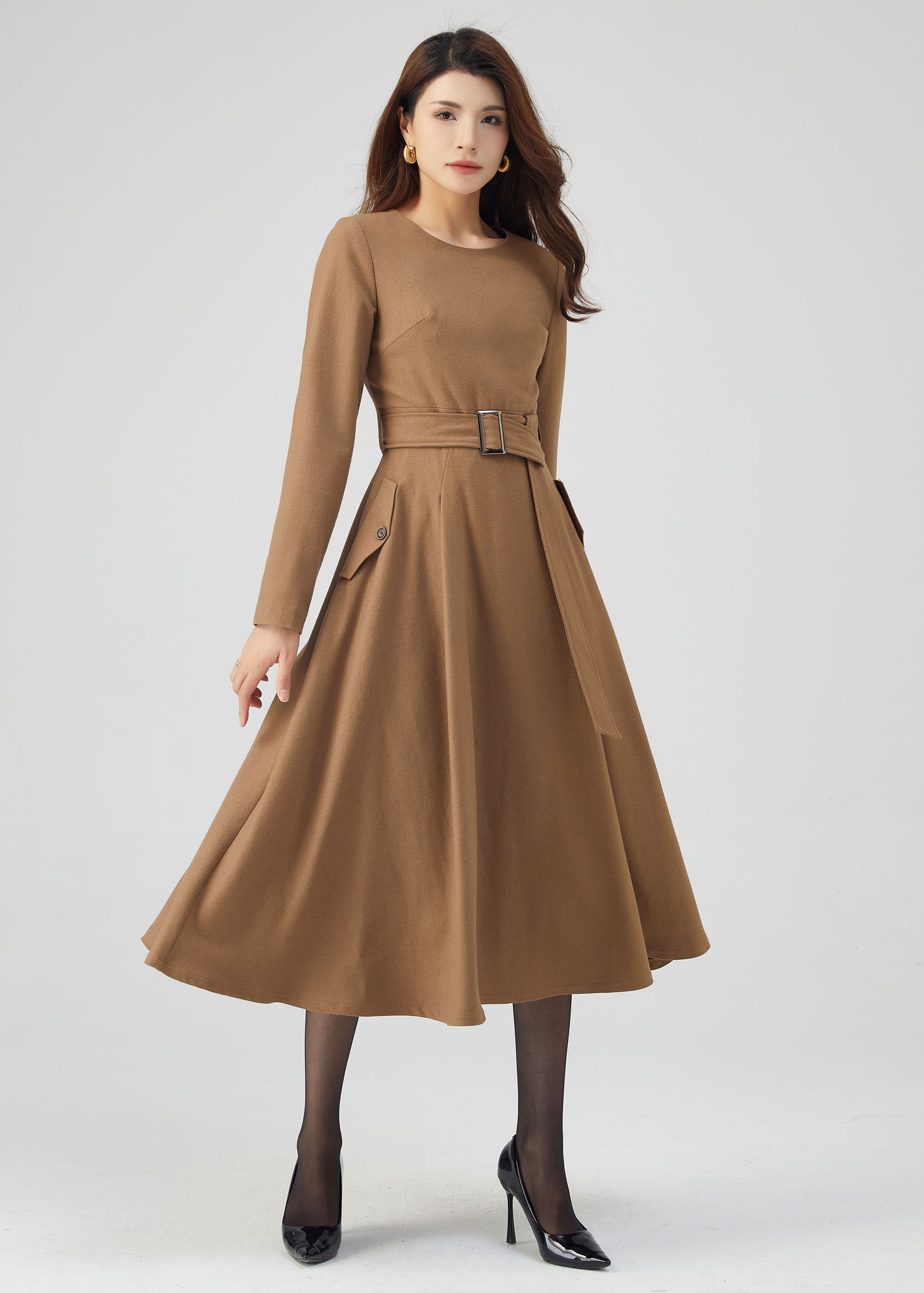 Midi Wool Dress, Belted Dress, Fit and Flare Dress C3543 Brown / Xs