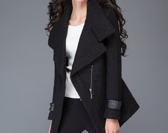 Asymmetrical Wool Coat in Black, Winter Coat Women, Wool Coat