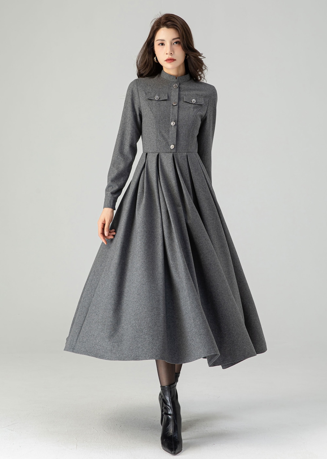 Gray Wool Dress, Pleated Dress, Swing Dress, Dress With Pockets, Wool