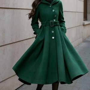 Hooded wool coat women, Wool coat, Asymmetric Winter wool coat, Green wool coat, Swing Coat, Fit and Flare Coat, Custom coat, Ylistyle C5313