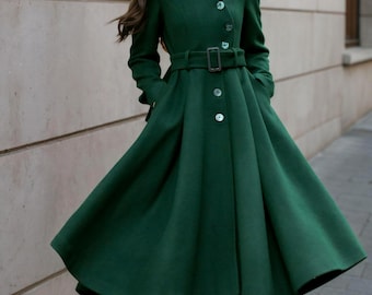 Hooded wool coat women, Wool coat, Asymmetric Winter wool coat, Green wool coat, Swing Coat, Fit and Flare Coat, Custom coat, Ylistyle C5313