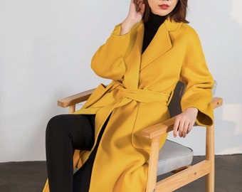 Yellow wool coat, Wrap wool coat, Oversized wool coat, wool coat women, Winter coat women, Belt wool coat, Handmade coat, Ylistyle C1747