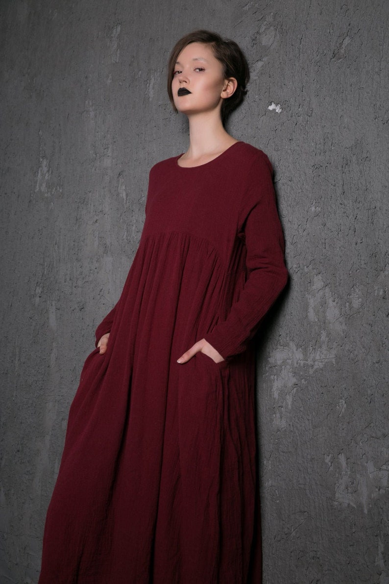 Plus Size Organic Linen Long Maternity Dress, Pleated Loose Dress with Pockets, Causal Maxi Dress Women, Long-Sleeved Dress Clothing C496 image 1