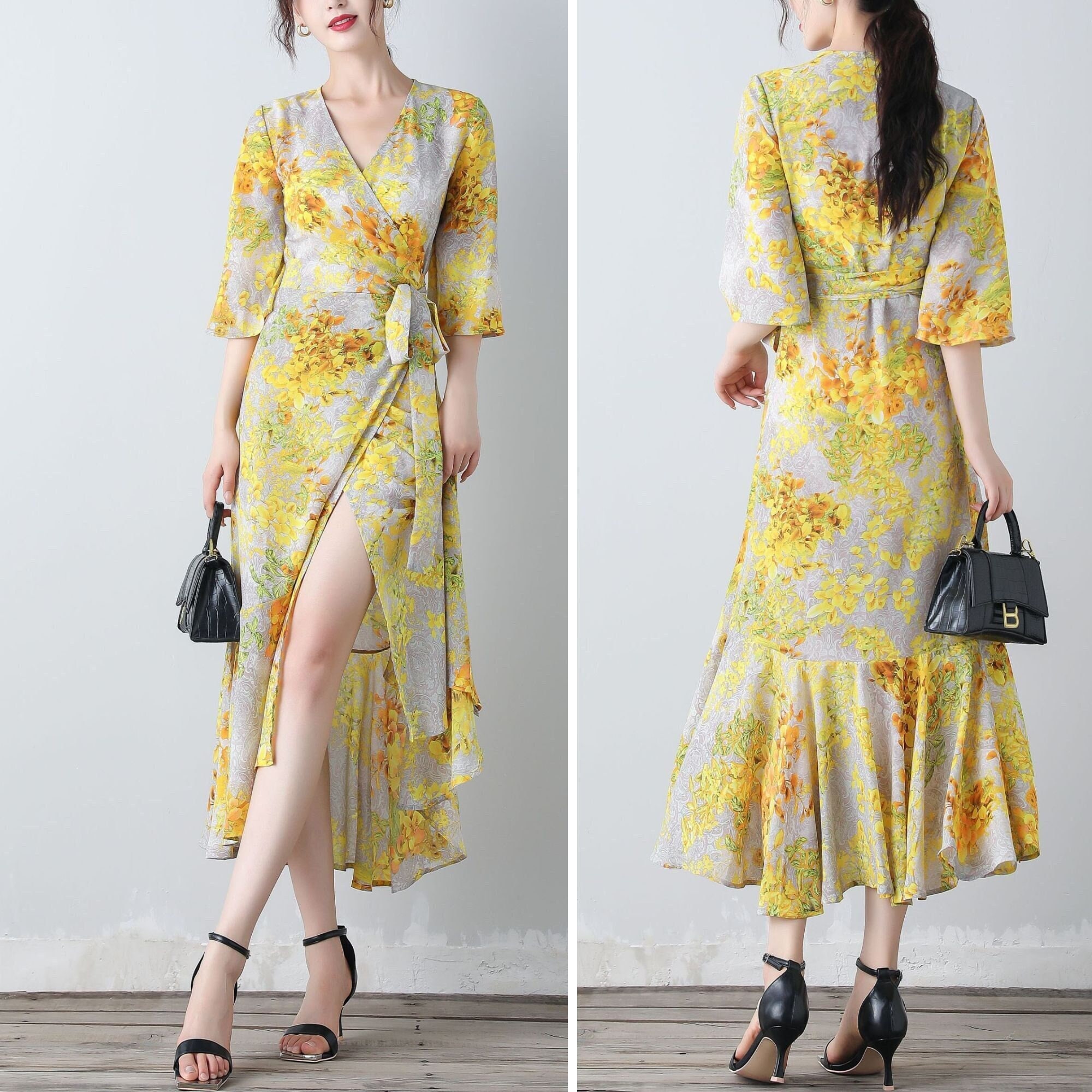 AOLIGEI Maxi Dresses Women V Neck Short Sleeve Boho Floral Split Summer Dress Flowy Casual Loose Elastic Waist Long Blue Size L Us12 14