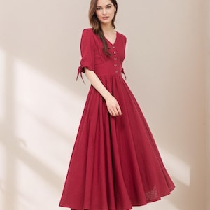 Women's Casual Red Cottagecore Dress, Spring Linen Midi Dress, French Minimalist Cotton-Linen Dress, Boho date Dress, Ylistyle C4771 image 3