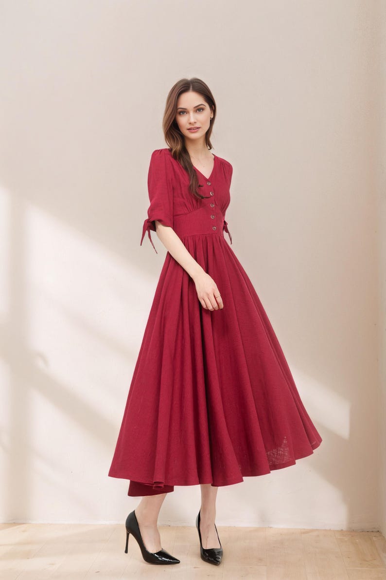 Women's Casual Red Cottagecore Dress, Spring Linen Midi Dress, French Minimalist Cotton-Linen Dress, Boho date Dress, Ylistyle C4771 image 3