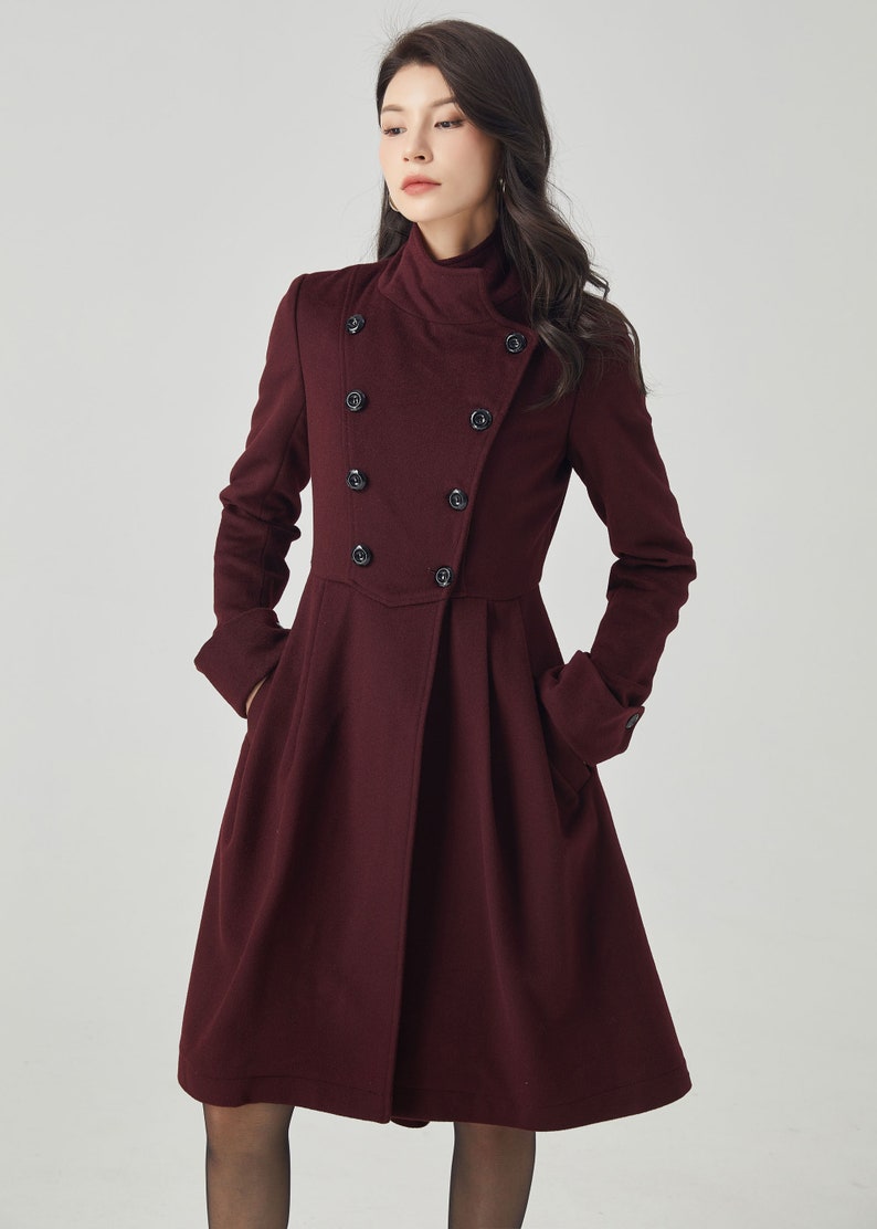 Asymmetrical Military wool Coat, Winter coat women, Fit-and-Flare Wool Coat with Cinched Waist, womens coat with Large Turn-Back Cuffs C2592 image 6