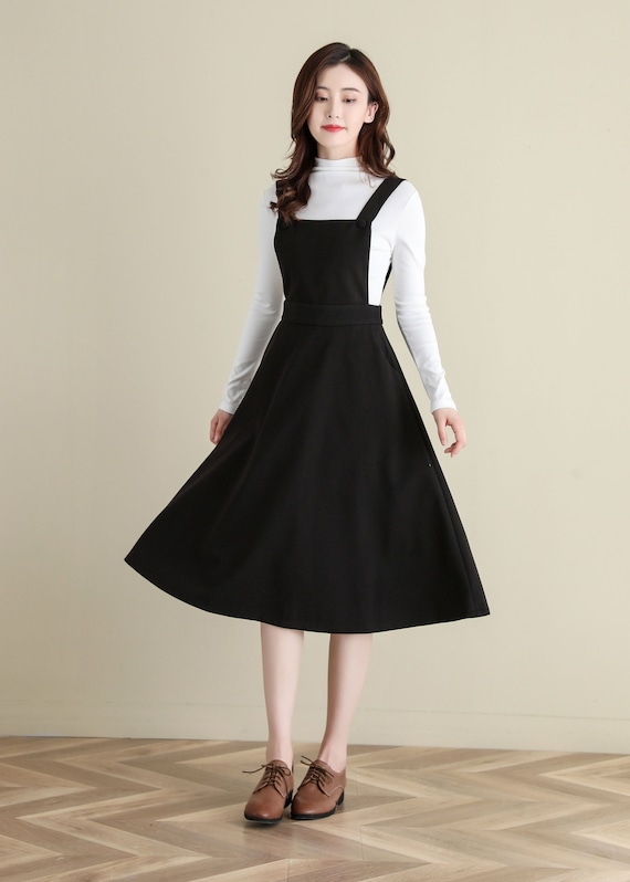 Black Wool Pinafore Dress Wool Midi Dress Women Winter | Etsy