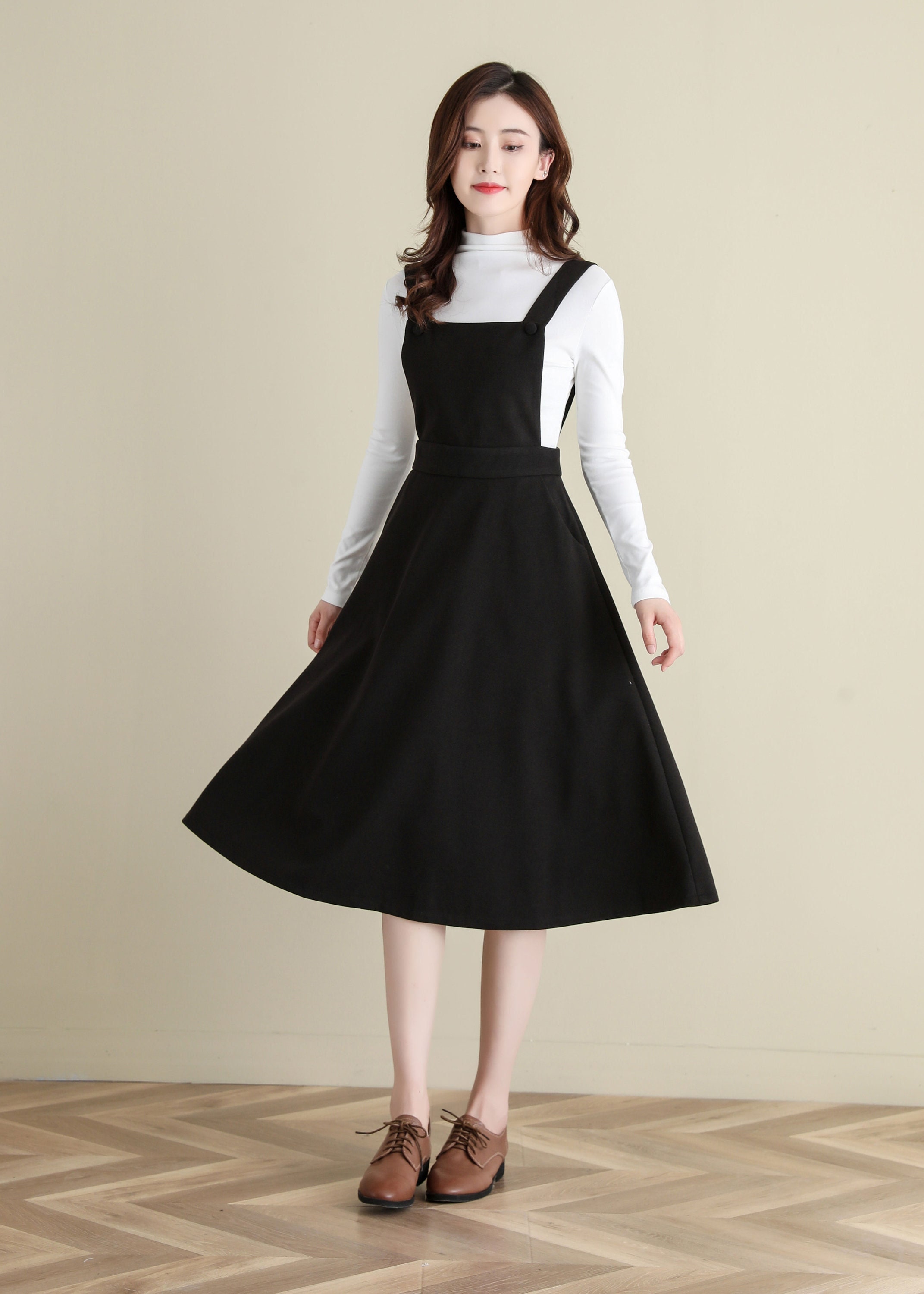 Black Wool Pinafore Dress Wool Midi ...