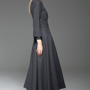 Wool Dress, Womens Long wool dress, Classic Long Fitted Tailored Warm Winter Dress with Long Sleeves Round Neck & Black Leather Cuffs C780 image 4