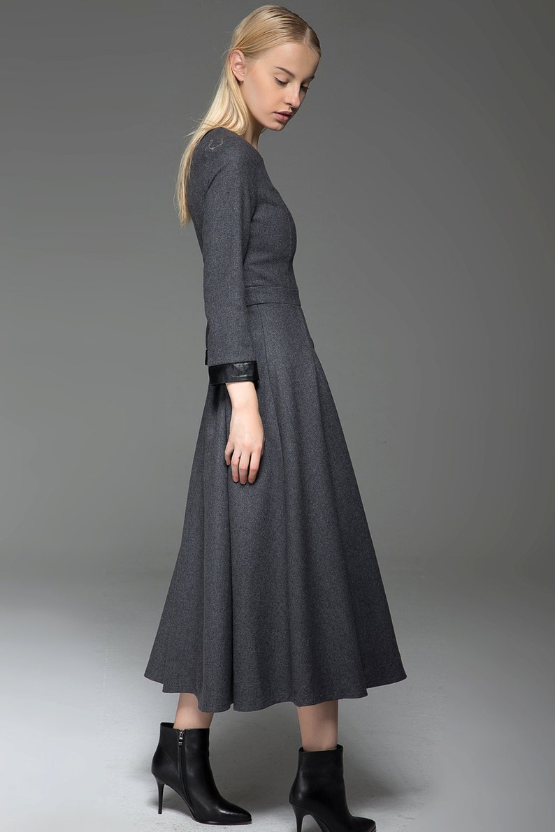 Wool Dress, Womens Long wool dress, Classic Long Fitted Tailored Warm Winter Dress with Long Sleeves Round Neck & Black Leather Cuffs C780 image 4