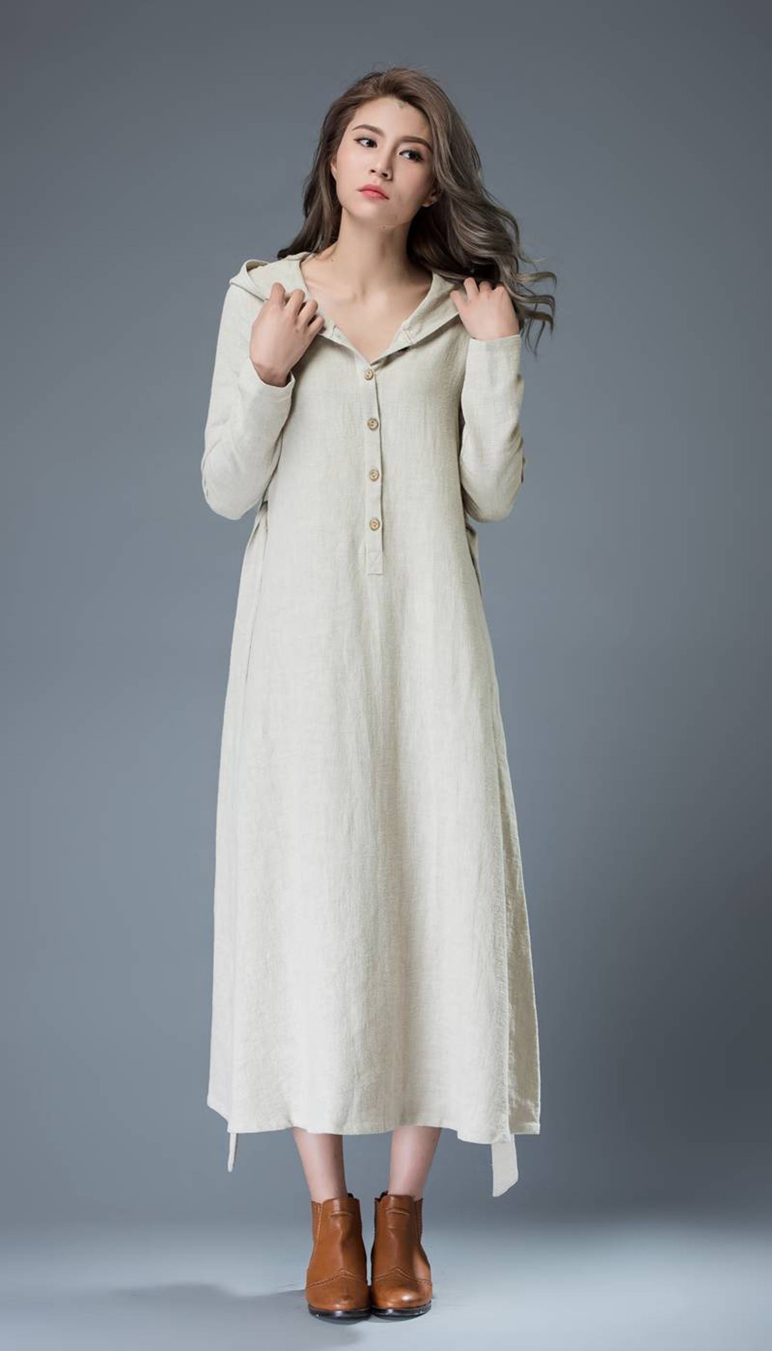 Gray Hooded Linen Dress Modern Buttoned Long Maxi Linen Coat Etsy