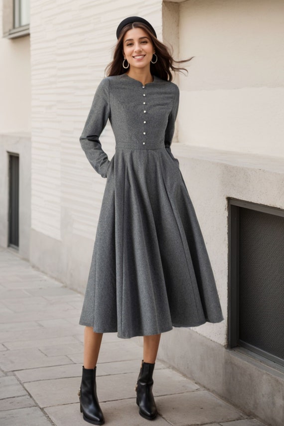 Fit and Flare Dress, Gray Dress, Wool Dress Women, Swing Dress, Dress With Pockets, Winter Dresses, Handmade Dress, Ylistyle C3613 - Etsy Fit and Flare Dress, Gray Dress, Wool Dress Women, Swing Dress, Dress With Pockets, Winter Dresses, Handmade Dress, Ylistyle C3613 - Etsy