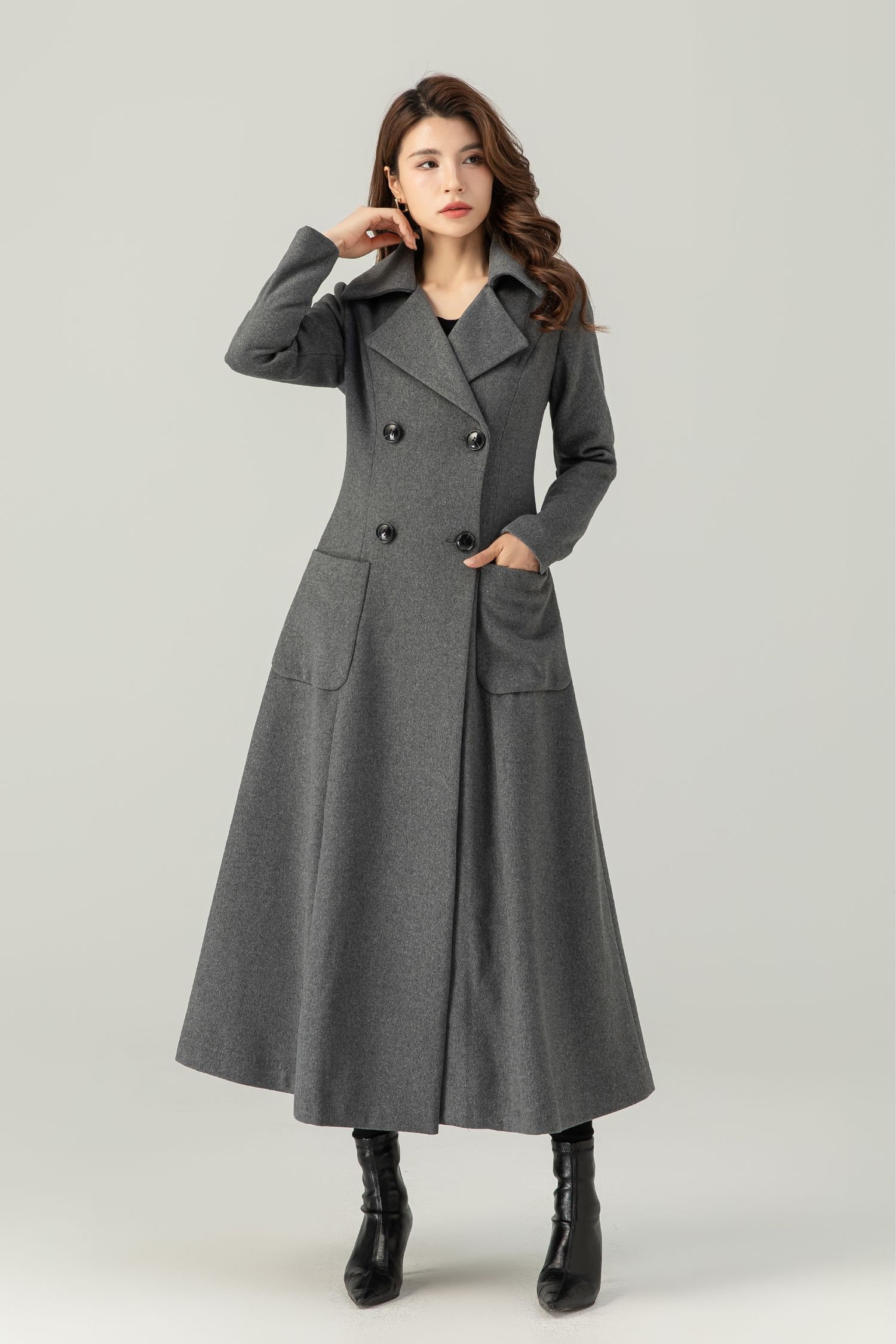 ジャケット・アウター DOUBLE WOOL LONG COAT - GREY Mens Grey Long Wool Coat | Double Breasted Sherlock Coat