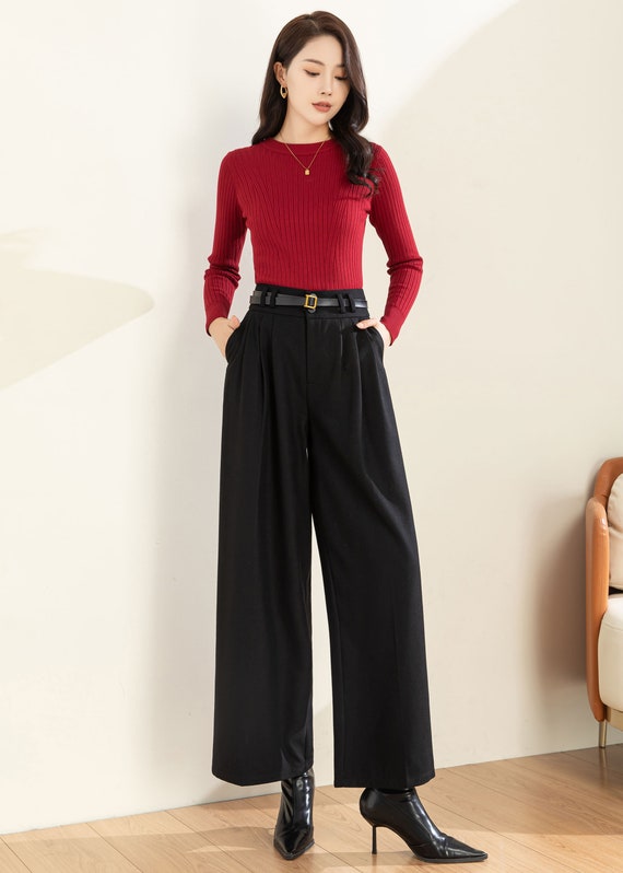 Pantalon taille haute femme en laine mélangée gris chiné