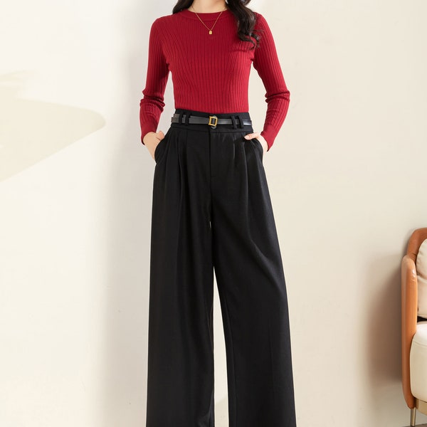 Pantalon large en laine, pantalon Palazzo femme, pantalon ample, pantalon taille haute, pantalon automne-hiver, pantalon long, vêtements Mod, Ylistyle C3597