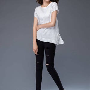 T-shirt en lin blanc, T-shirt irrégulier, col rond, T-shirt ample, T-shirt décontracté pour femme C949 image 8
