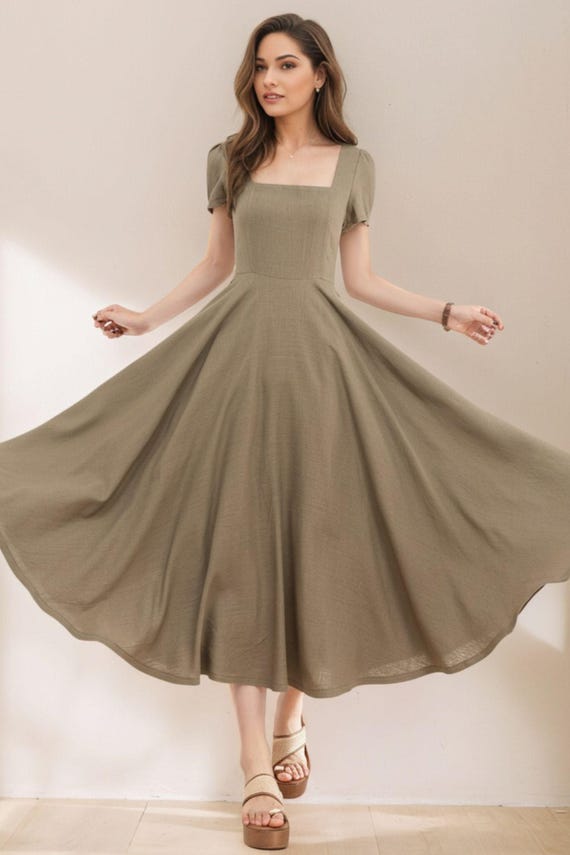 Navy Blue Cotton Linen Midi Dress, Square Neck A-Line Swing Summer Dress for Women, Elegant Vintage Cottagecore Dress, Ylistyle C4985