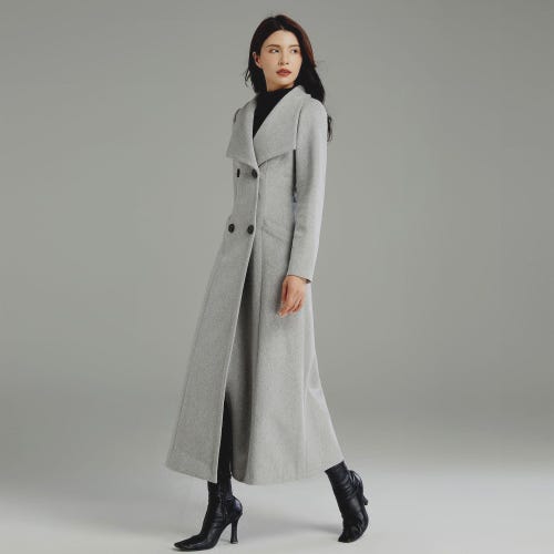 Gray Long Wool Coat Women, Wool Trench Coat, Double Breasted Wool