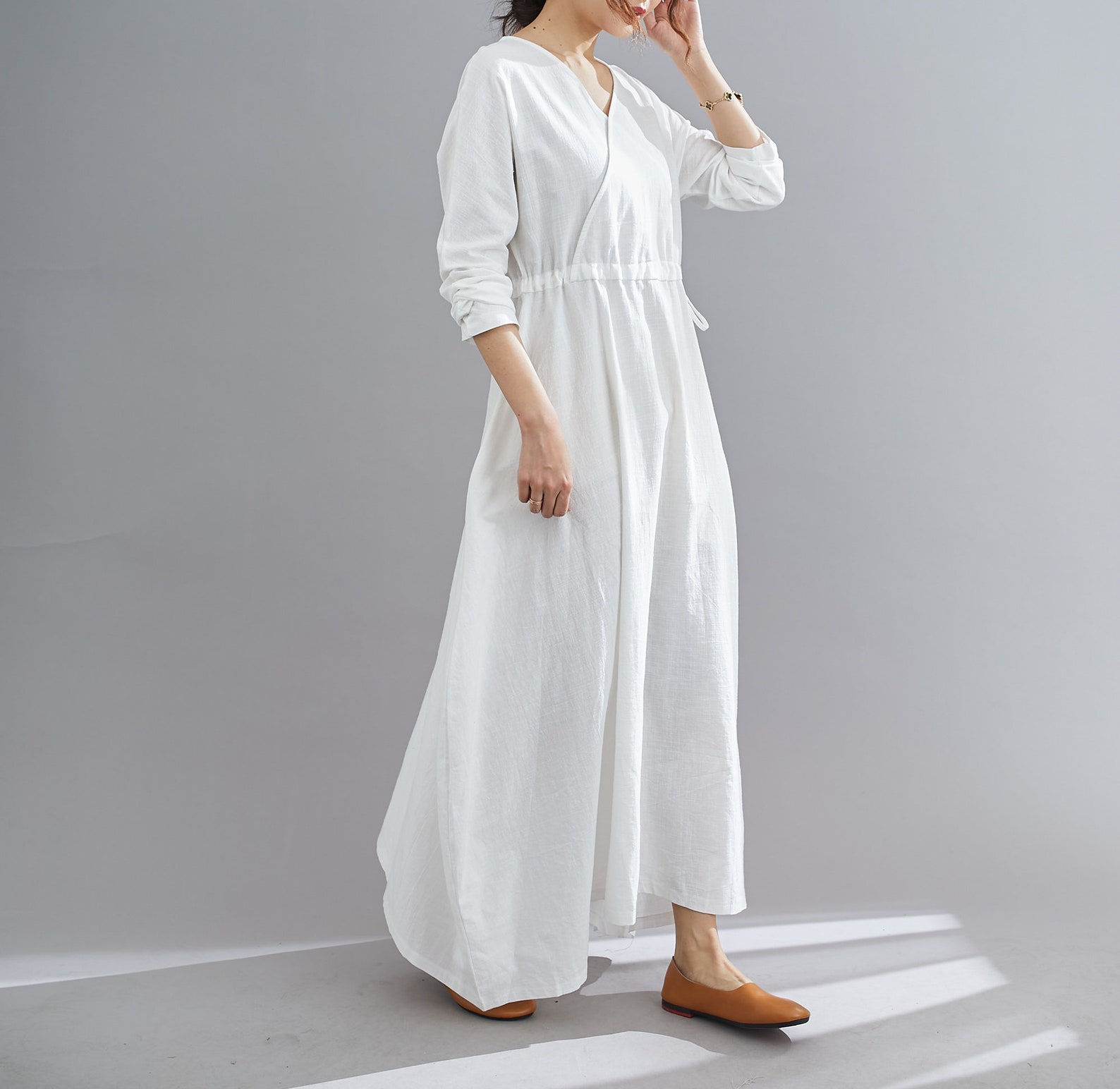 White Linen Maxi Dress Casual Long Sleeves Maternity Dress - Etsy