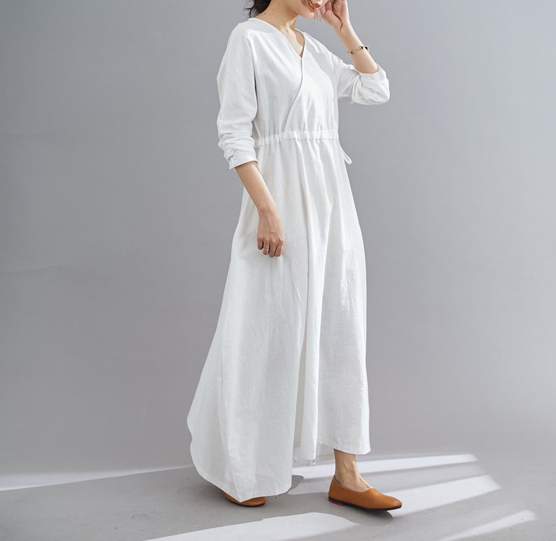 White Linen Maxi Dress, Casual Long Sleeves Maternity Dress, womens dress with drawstring wasit, Plus Size dress, Oversized Dress C1836 image 3