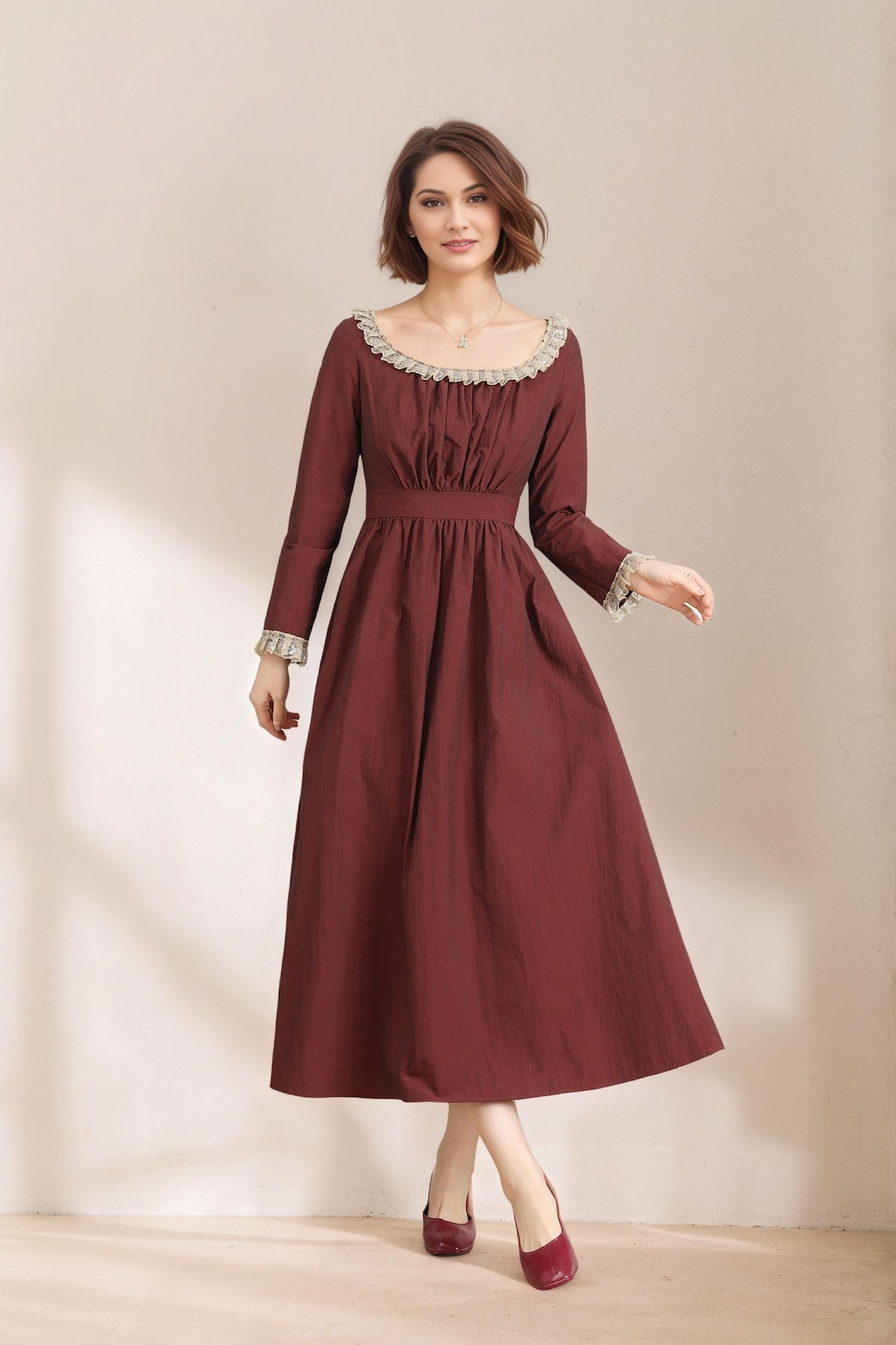 Women's Burgundy Princess linen dress C5331 Burgundy / XS