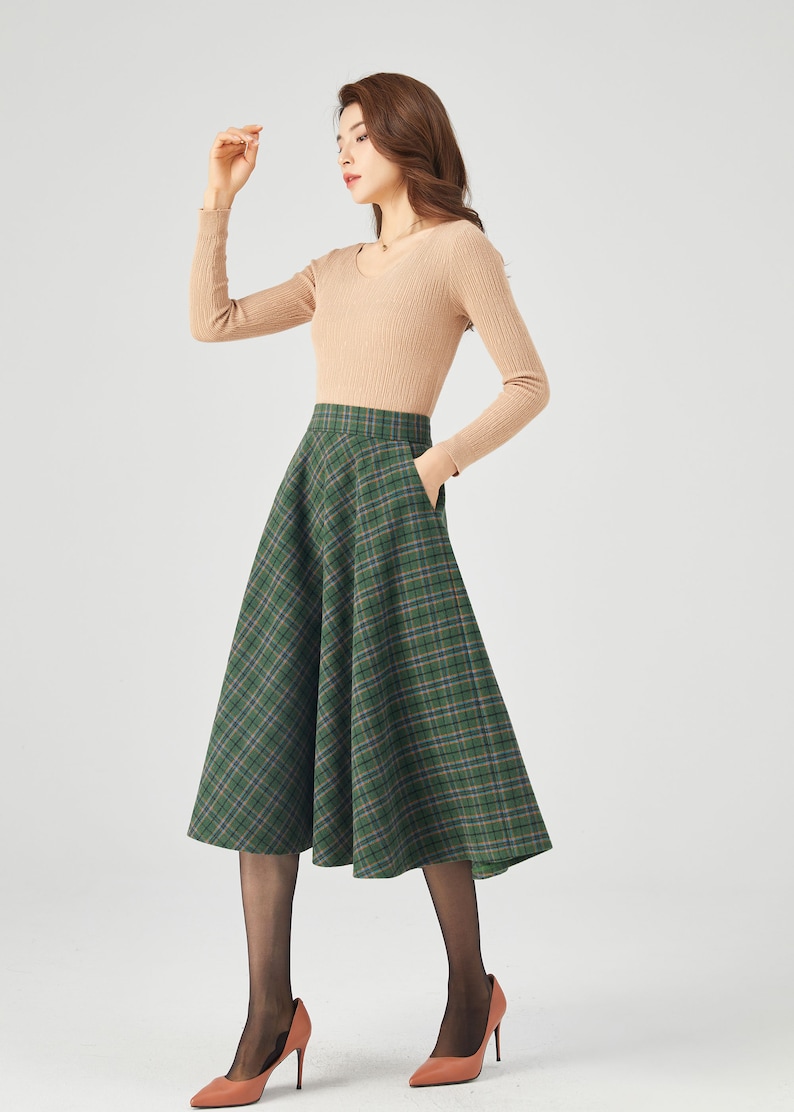 Plaid Wool Skirt, Midi Wool Skirt, A line Skirt, Winter Skirt Women, Swing Skirt, Skirt with Pockets, Handmade skirt, Ylistyle C3686 image 4