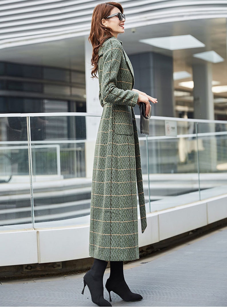 Green Plaid Wool Coat, Long Wool Coat, Winter Coat Women, Belted Wool Coat, Wool trench coat, Warm Wool Coat, Custom Coat, Ylistyle C3031 image 6