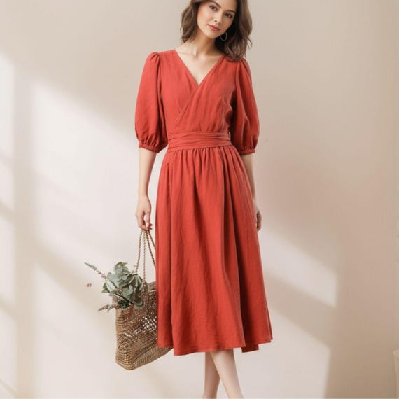 v neck a line summer dress Orange Linen Wrap Midi Dress: A-line Dress, Ylistyle C3282 How I Steam Linen DW_LAST PIECES: Final sale item. No returns or exchanges on these items. Colour:BURGUNDY You will love this