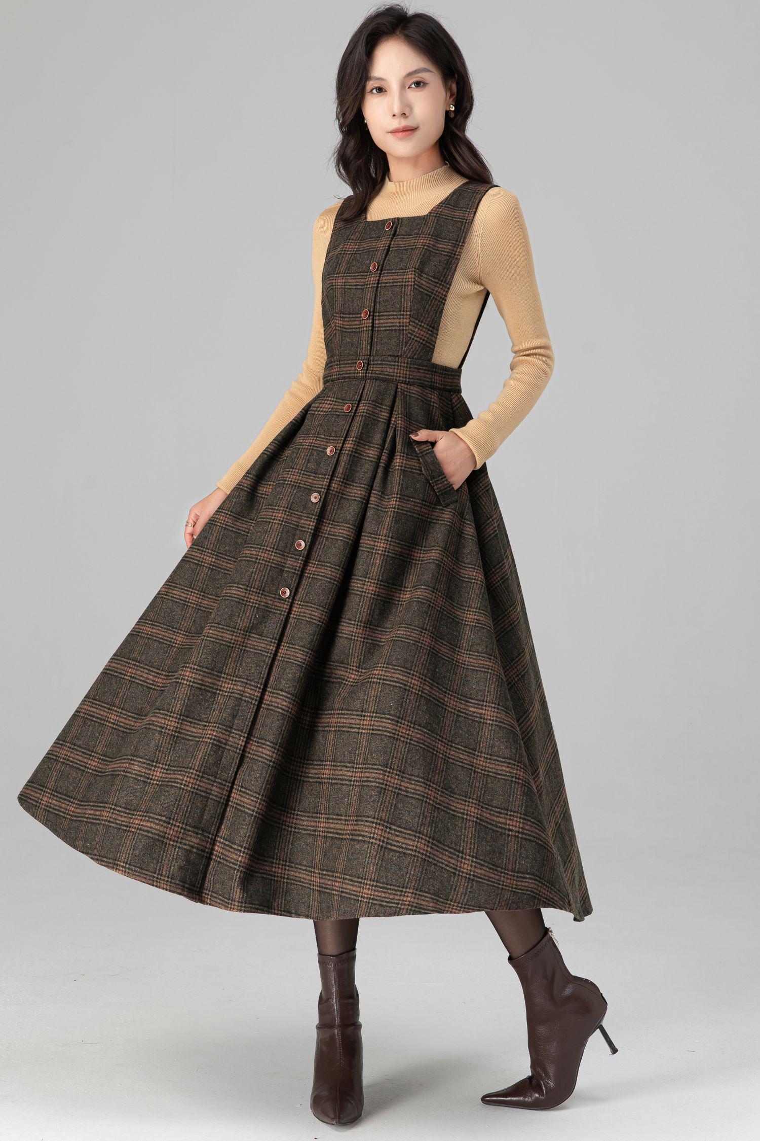 Plaid Wool Pinafore Dress: Vintage Inspired A-line Midi With