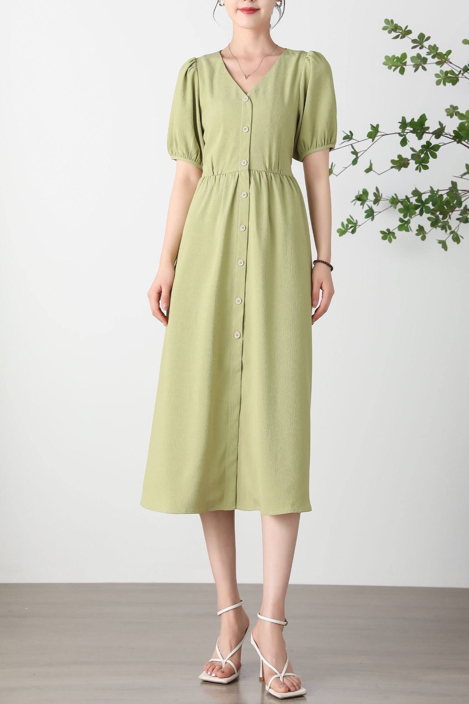 【関税込み】We11done グリーン ポリエステル ドレス Green Midi Dress, Women's V-neck Dress, Summer A-line Dress