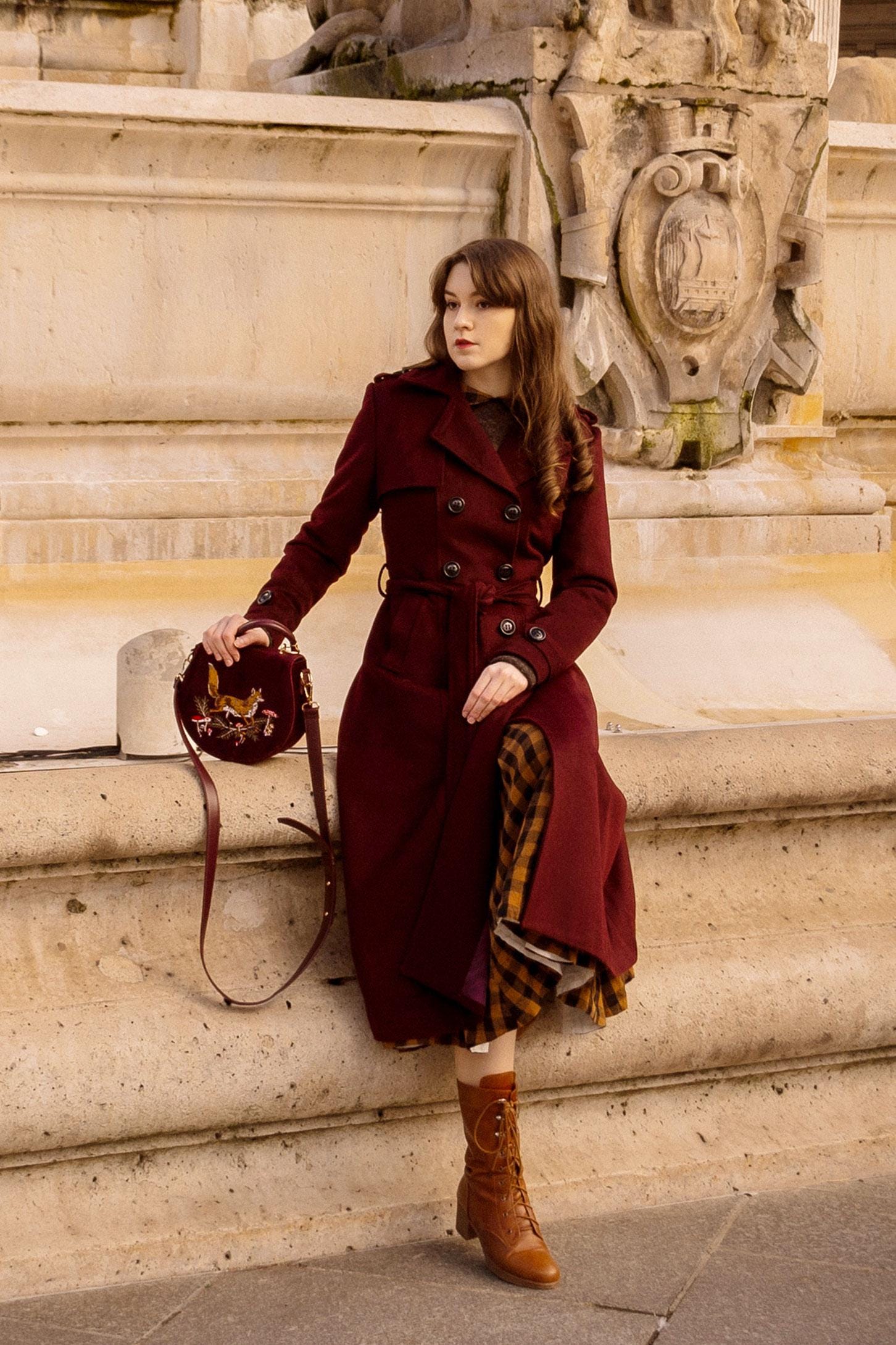 Wool Coat, Wool Military Coat, Long Wool Coat, Burgundy Wool