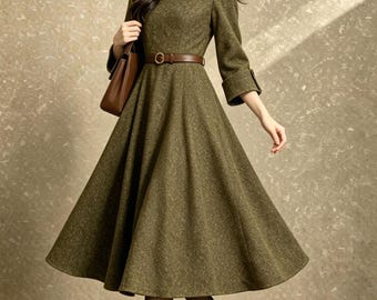 Olive Green Wool  A-Line Midi Dress, Long Sleeve High Waist Elegant Retro Dress, Ylistyle C5629