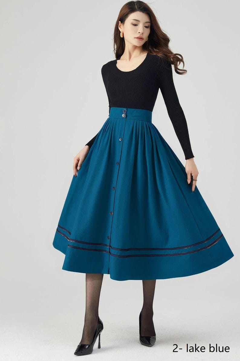 Wool Skirt Women, Midi Skirt, Button down Wool Skirt, High Waisted Skirt, Winter Warm Skirt, Swing Skirt, Handmade skirt, Ylistyle C3552 C2- lake blue