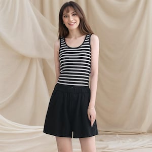 High Waist Black Linen Shorts: Elastic Waist, Pockets, Plus size, Beachwear, Ylistyle C4791
