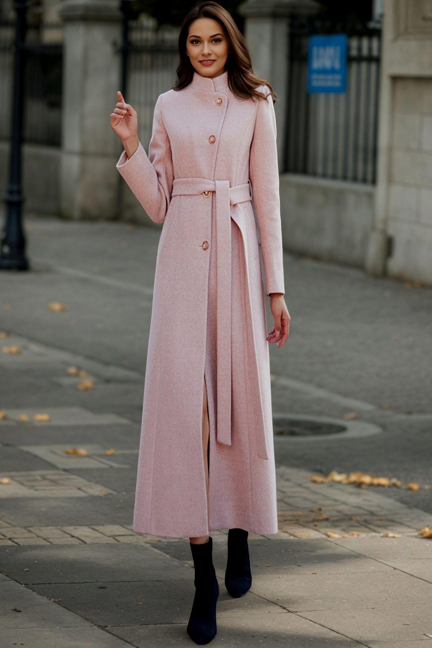 ピンクのロングウールマキシコート、レディースウールトレンチコート